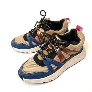 POSH by Poelman Carocel Chunky Mixed Fabric Sneakers Denim Teddy Metallic NWT